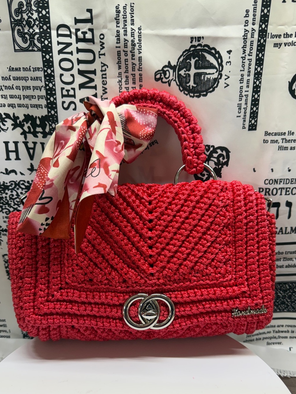 Handcrafted Red Crochet Top-Handle Bag with Scarf Accent